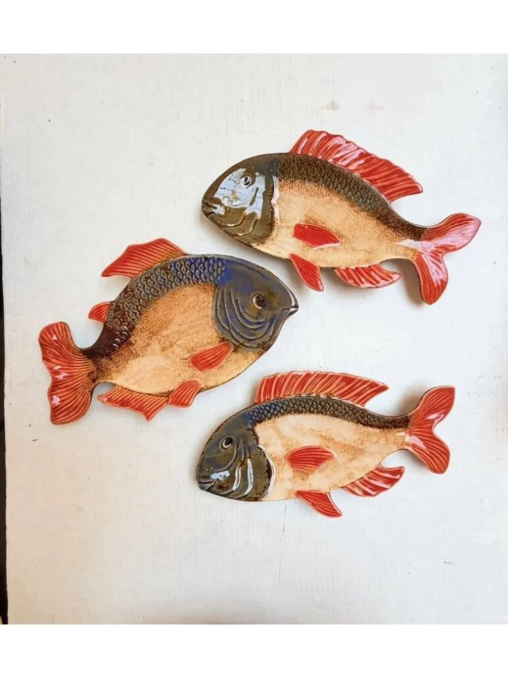 Pier 1 Imports Fish Ceramic Decorative 3 Serving Dishes Red Fin Beach Coastal